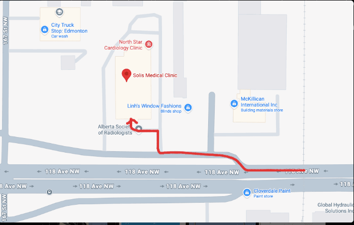 Overhead map showing the route from 118 Avenue NW to the wheelchair access doors