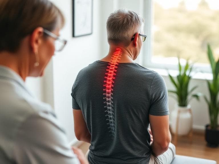 A clinician watches a seated patient whose spine is highlighted to show neck and back pain