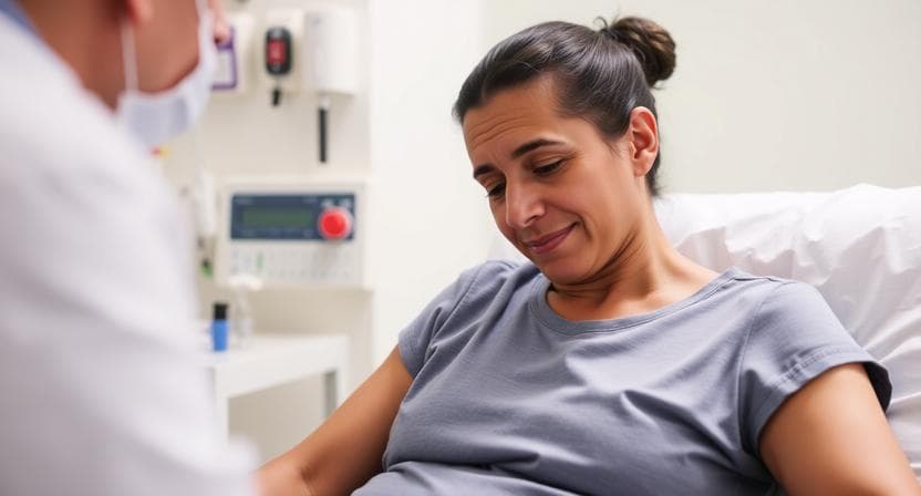 A patient rests in a clinic chair beside a nurse and monitor during an iron infusion.