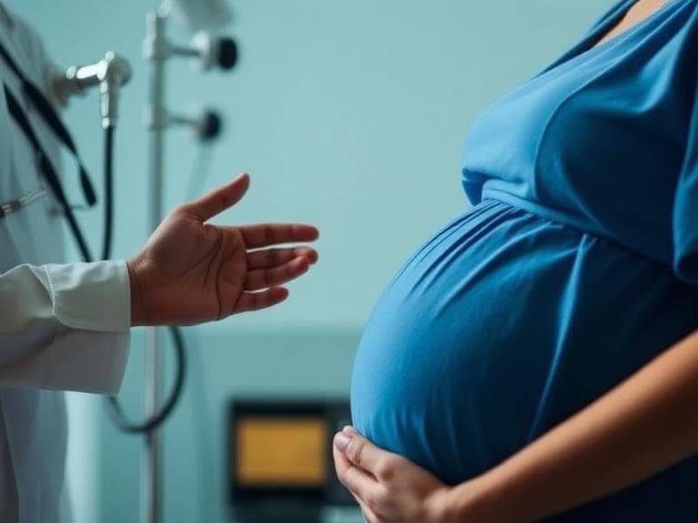 A pregnant patient talks with a clinician during a prenatal visit.