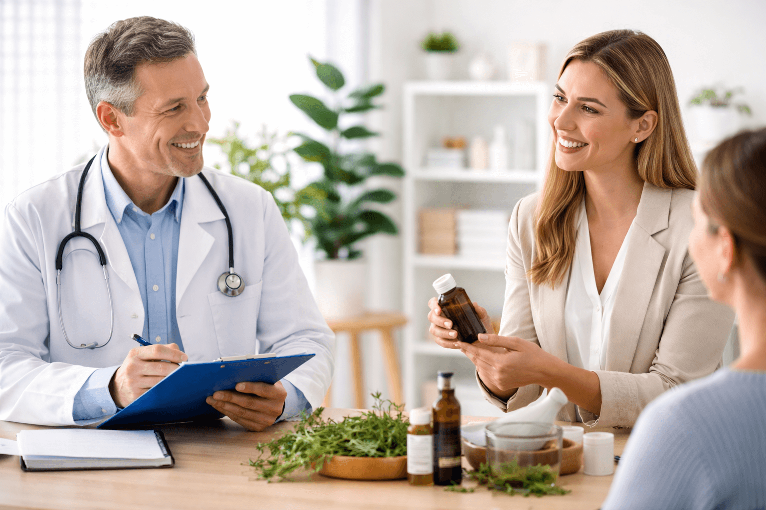 A doctor reviews treatment options with a patient at a clinic desk.