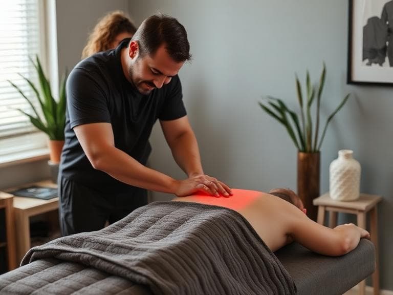 A massage therapist works on a patient's back to ease muscle tension.