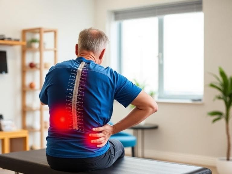 A man sitting on a treatment table holds his lower back, with the painful area highlighted