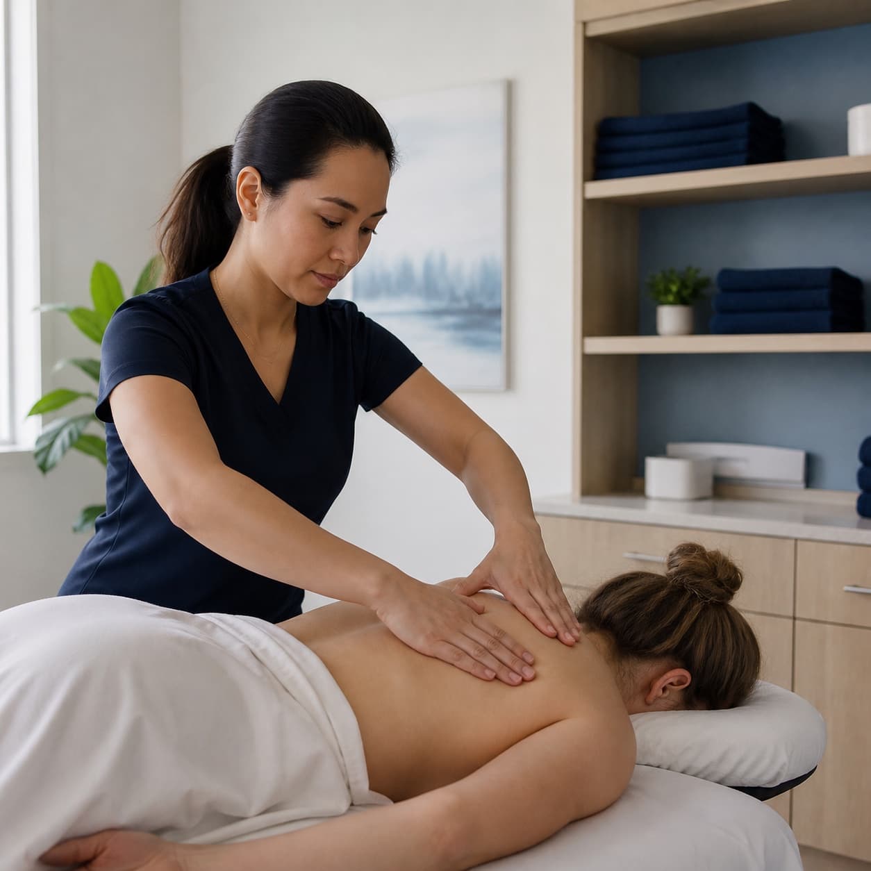 A registered massage therapist treating a patient's upper back and shoulders