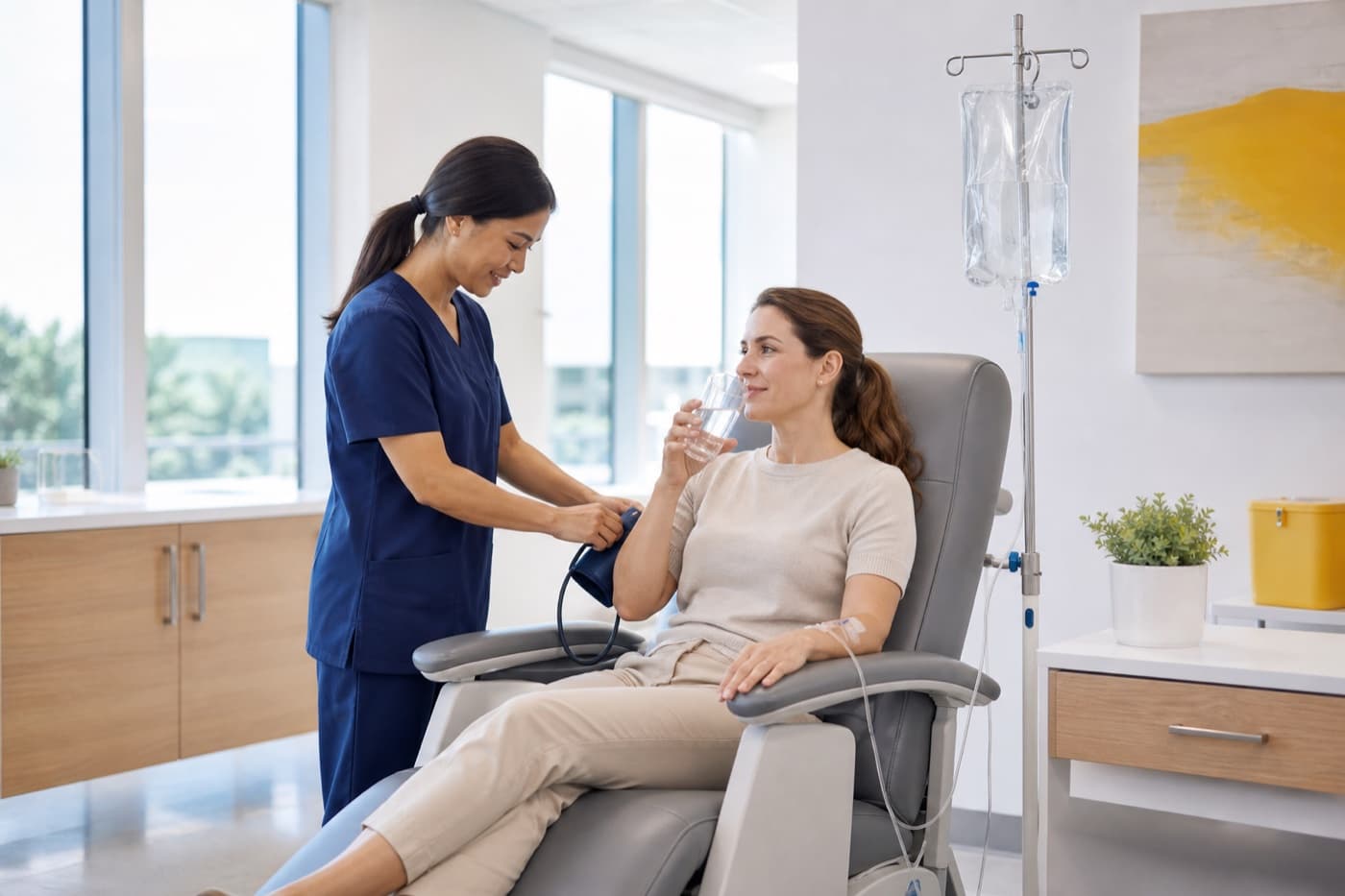 A patient sits in a clinic chair while a nurse checks an IV line.