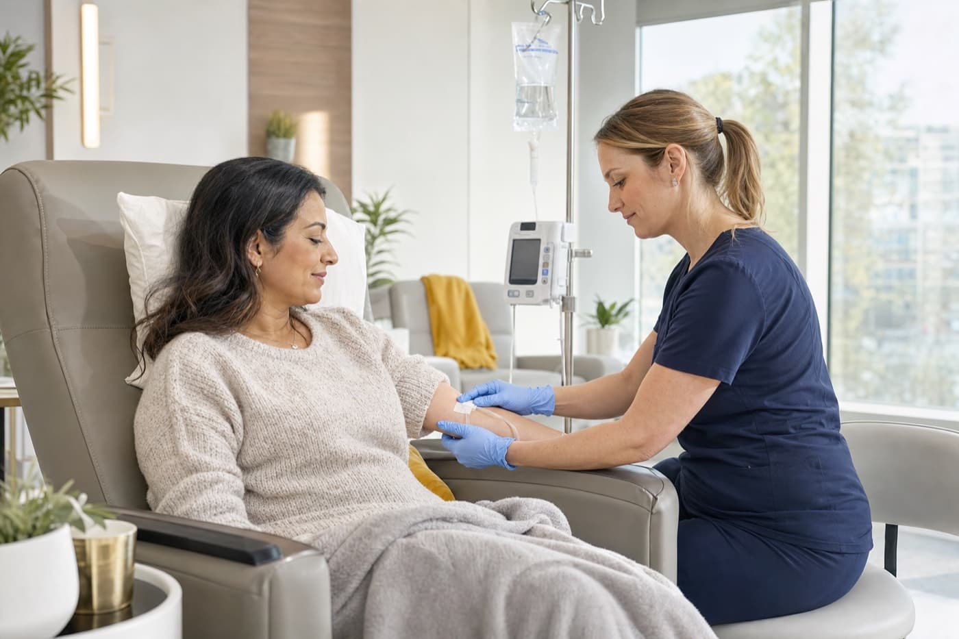 A nurse checks an adult patient's IV line in a clinic chair.