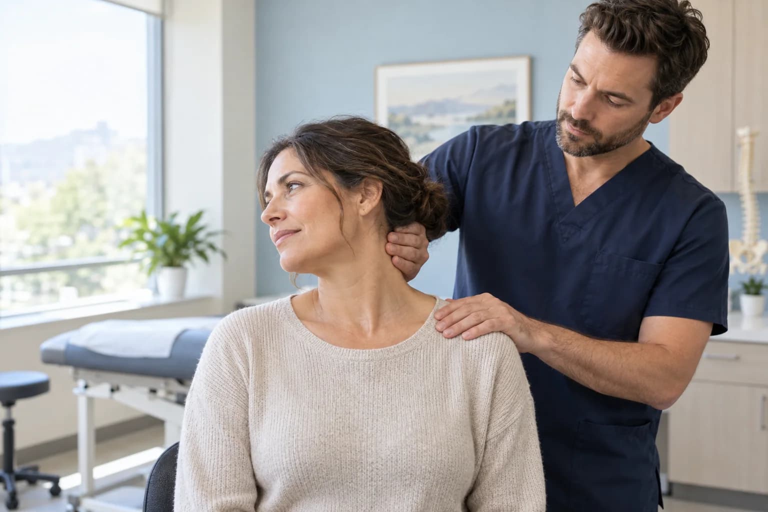 Clinician gently checks a patient's neck movement during an assessment