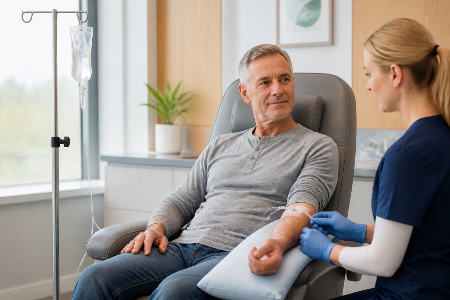 Older adult receiving a zoledronic acid infusion while a nurse checks the IV line