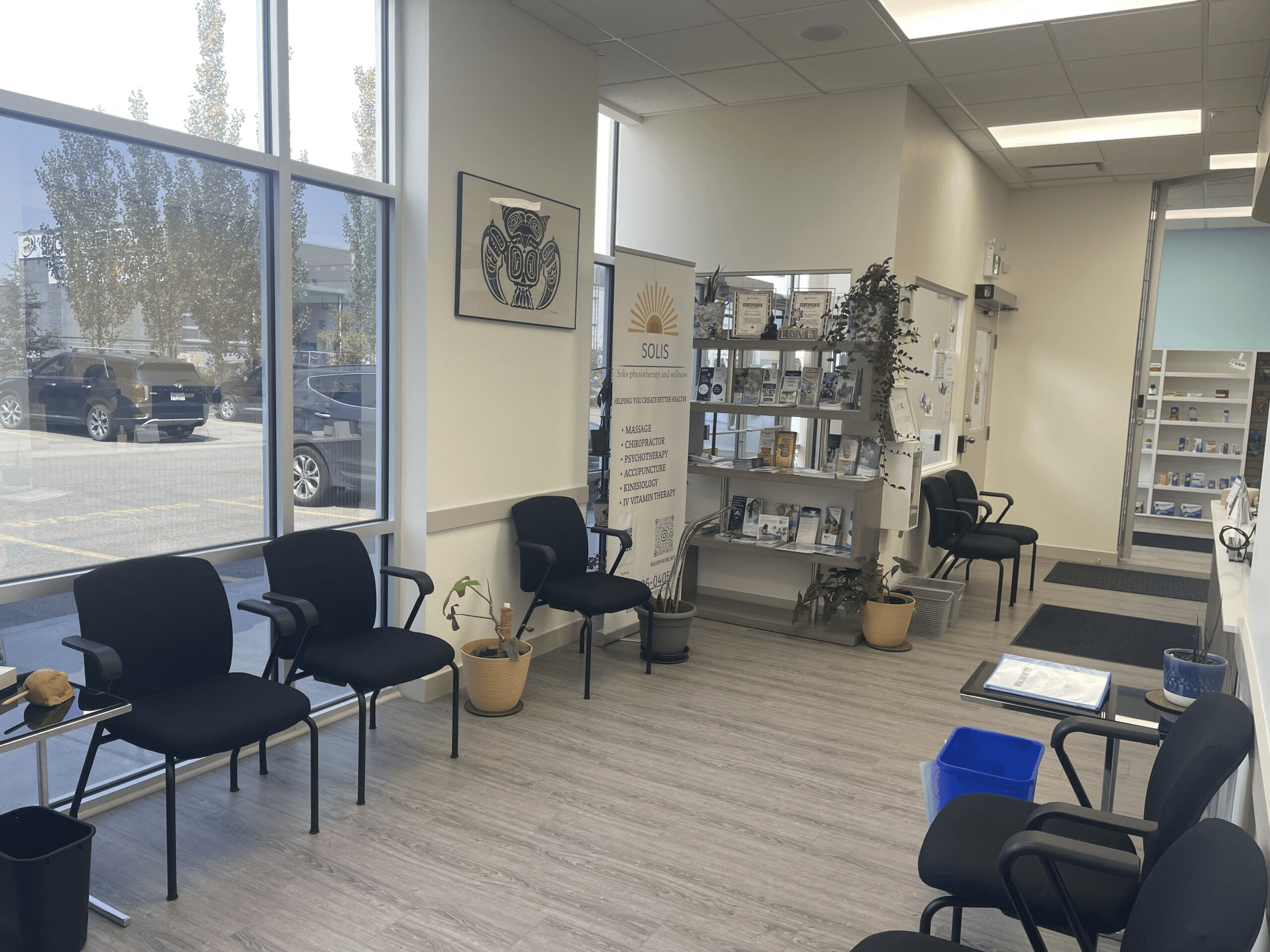 The bright waiting area at Solis Medical Clinic in Edmonton