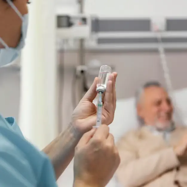 A clinician draws medicine into a syringe while preparing treatment supplies.