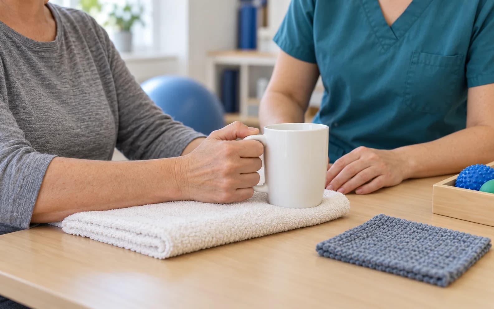 CRPS hand rehabilitation: a therapist guides a patient's grip on a mug, with texture cloths for desensitisation