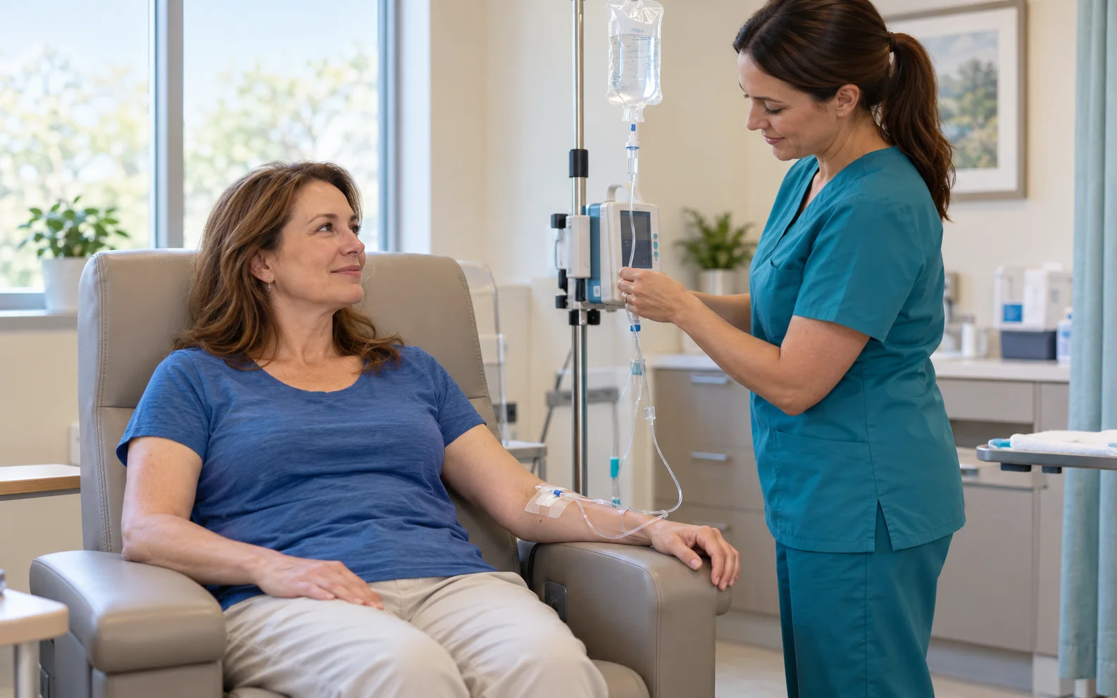 Pamidronate infusion for CRPS: a nurse checks the IV drip while the patient rests in a recliner