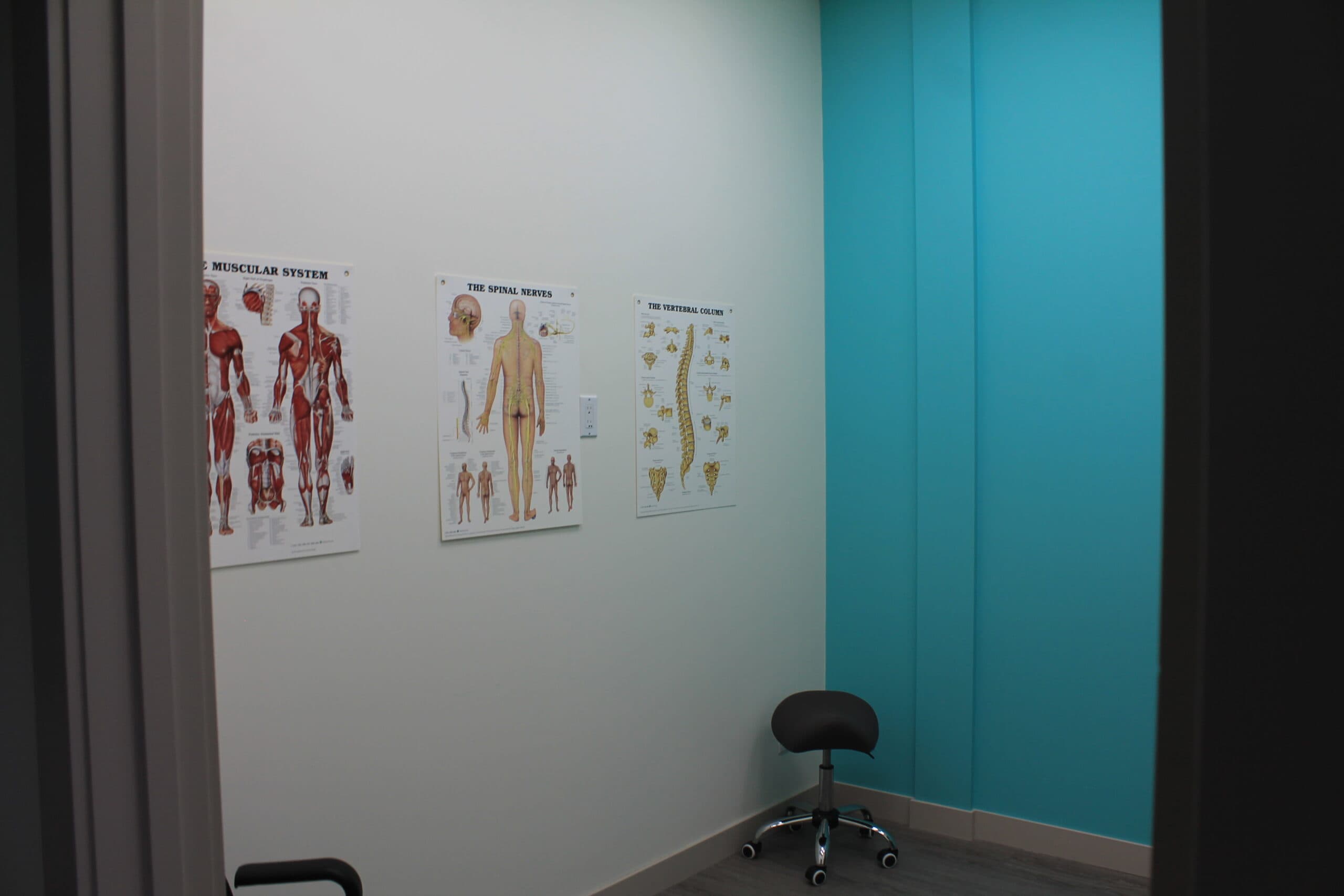 Treatment room at Solis Medical Clinic with anatomy posters and an exam stool