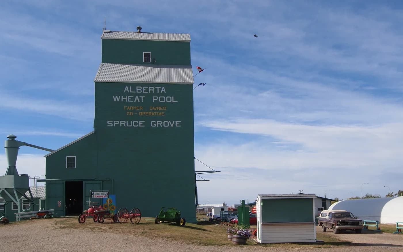 The green Alberta Wheat Pool grain elevator in Spruce Grove, Alberta