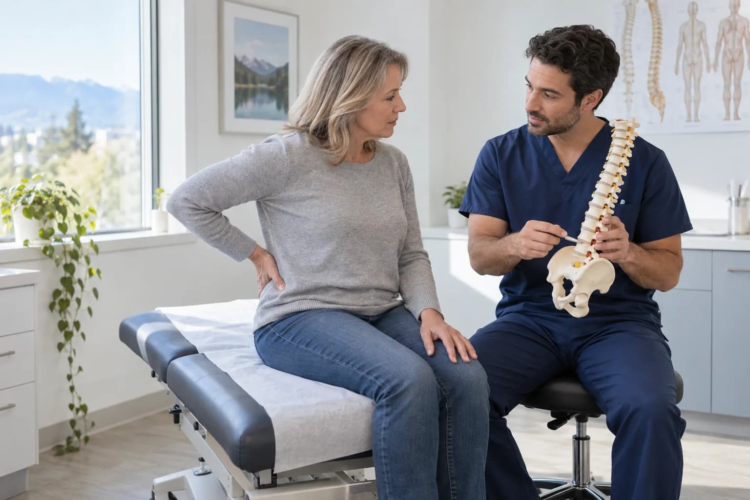 Physician uses a spine model during a patient's back pain assessment
