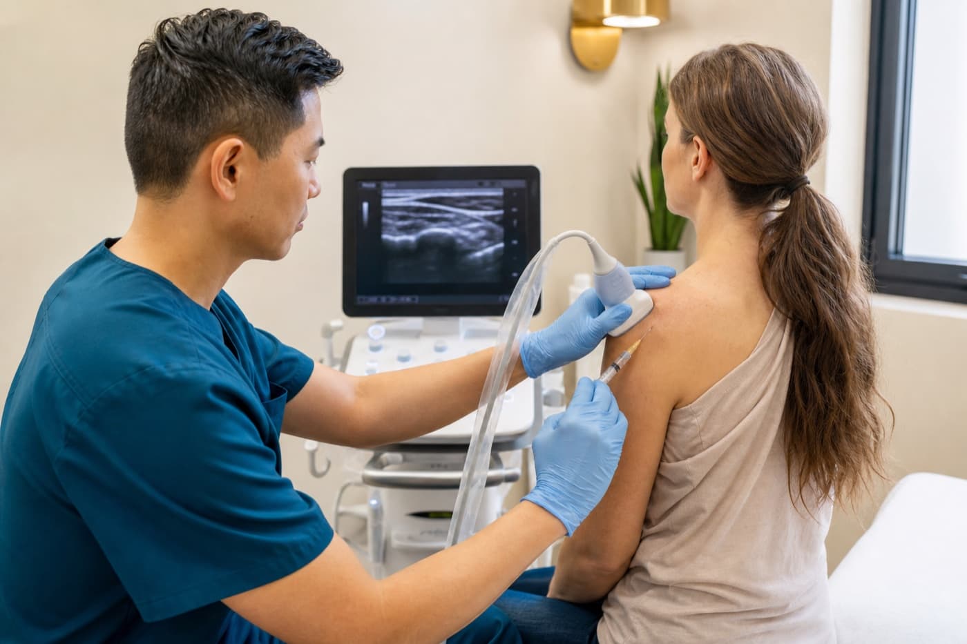 A physician using ultrasound to guide a cortisone injection into a patient's shoulder