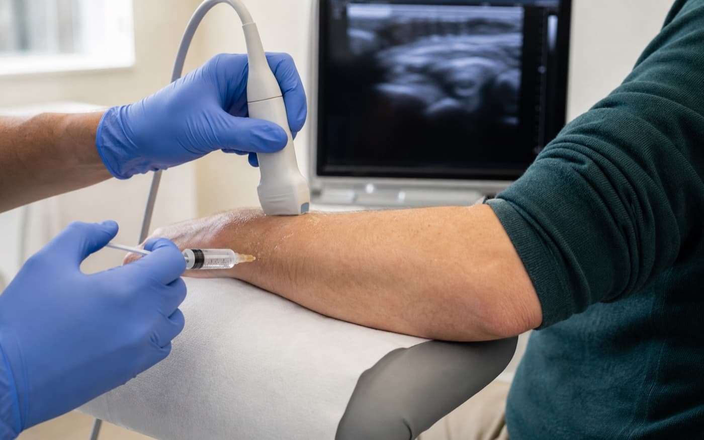 Gloved hands using ultrasound to guide a cortisone injection near a patient's elbow