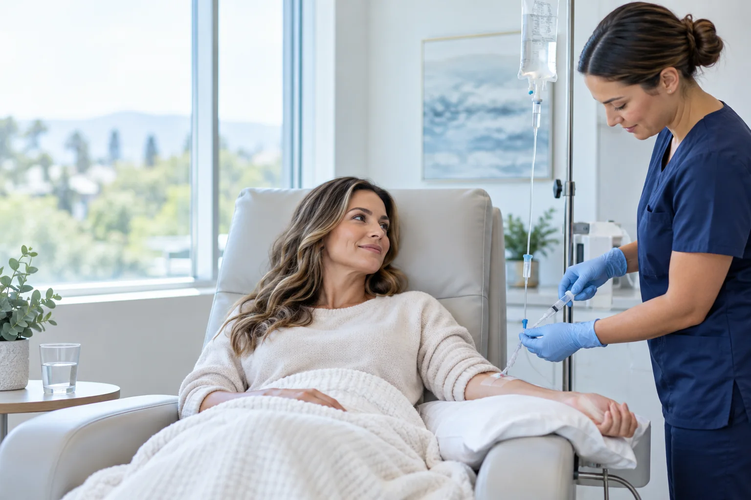 Nurse gives a glutathione IV push through a patient's existing infusion line