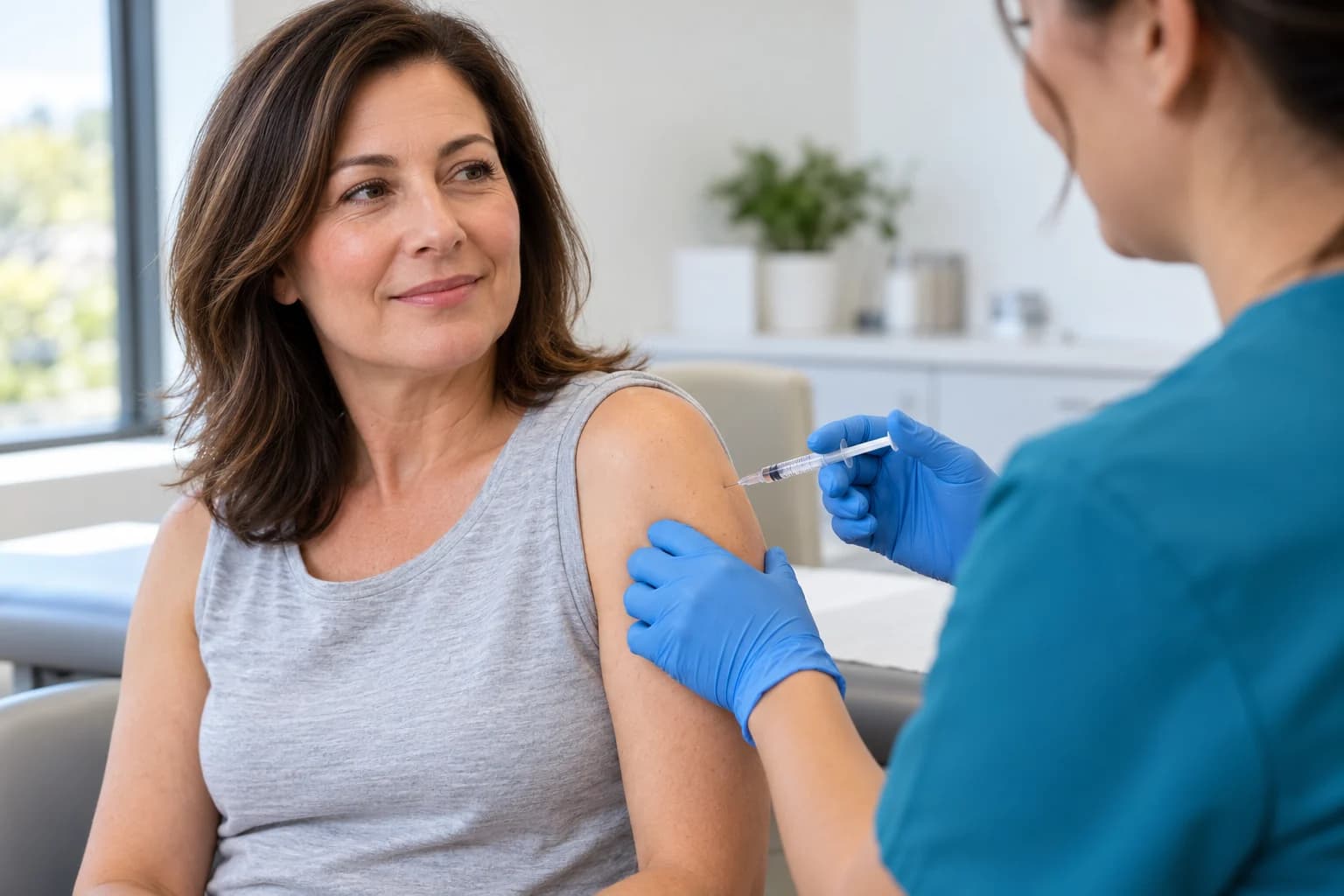 A clinician wearing blue gloves gives an intramuscular injection into a seated woman's upper arm.