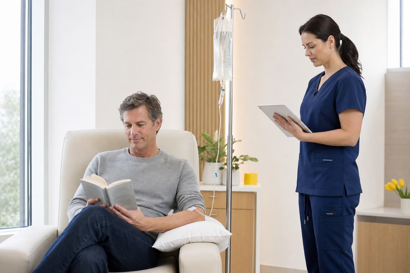 A patient reading in a recliner while a nurse checks an NAD plus infusion