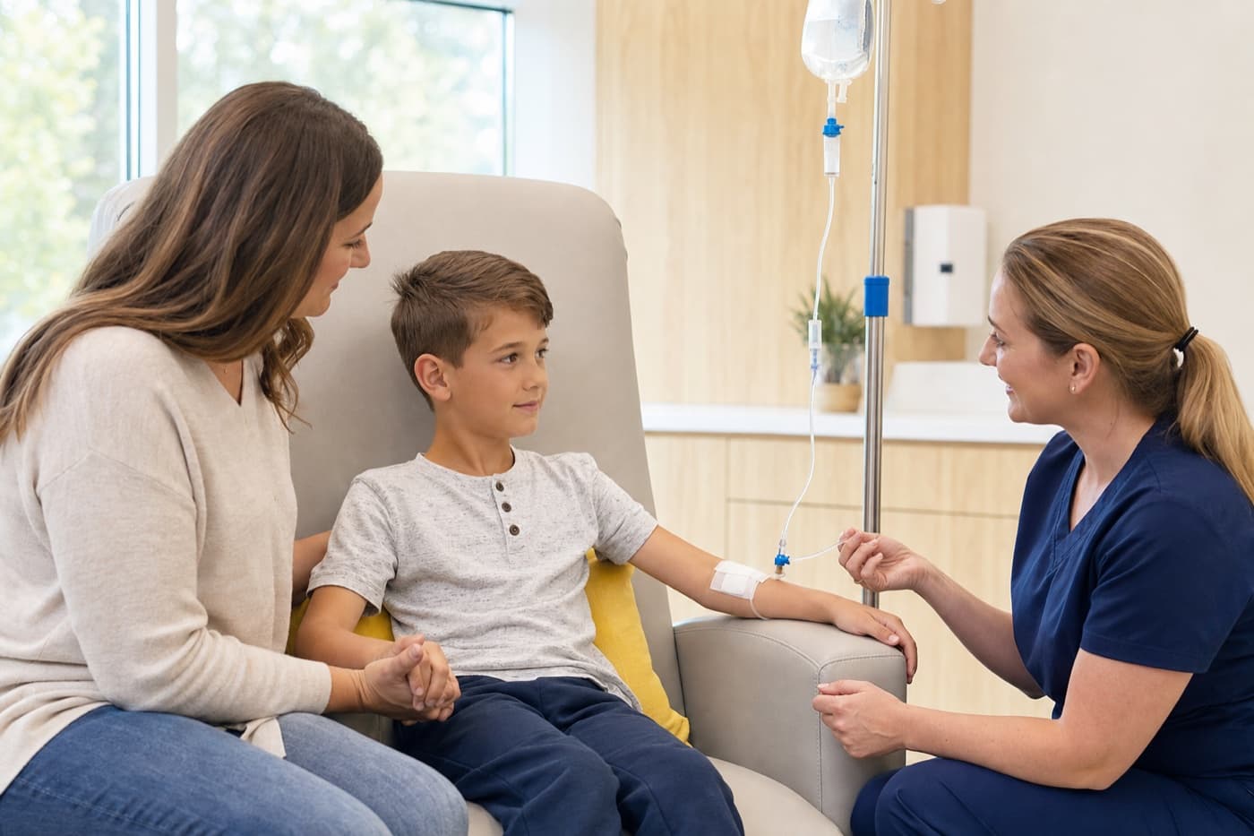 A nurse explaining an iron infusion to a child while a parent sits beside the treatment chair