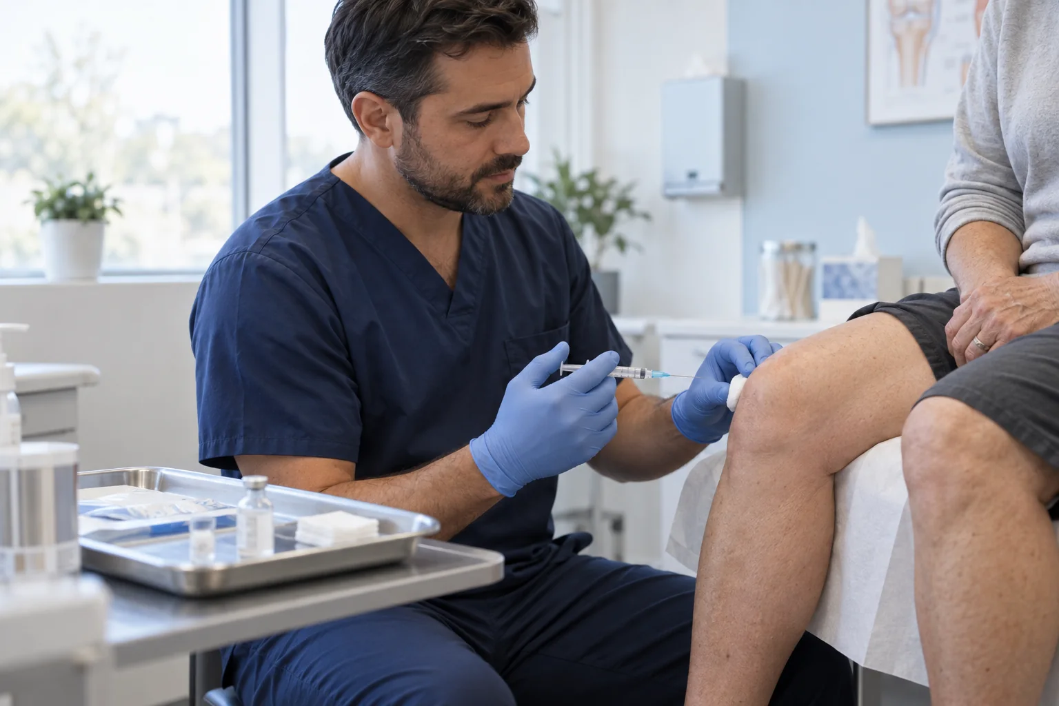 Physician prepares a knee joint injection for a seated patient