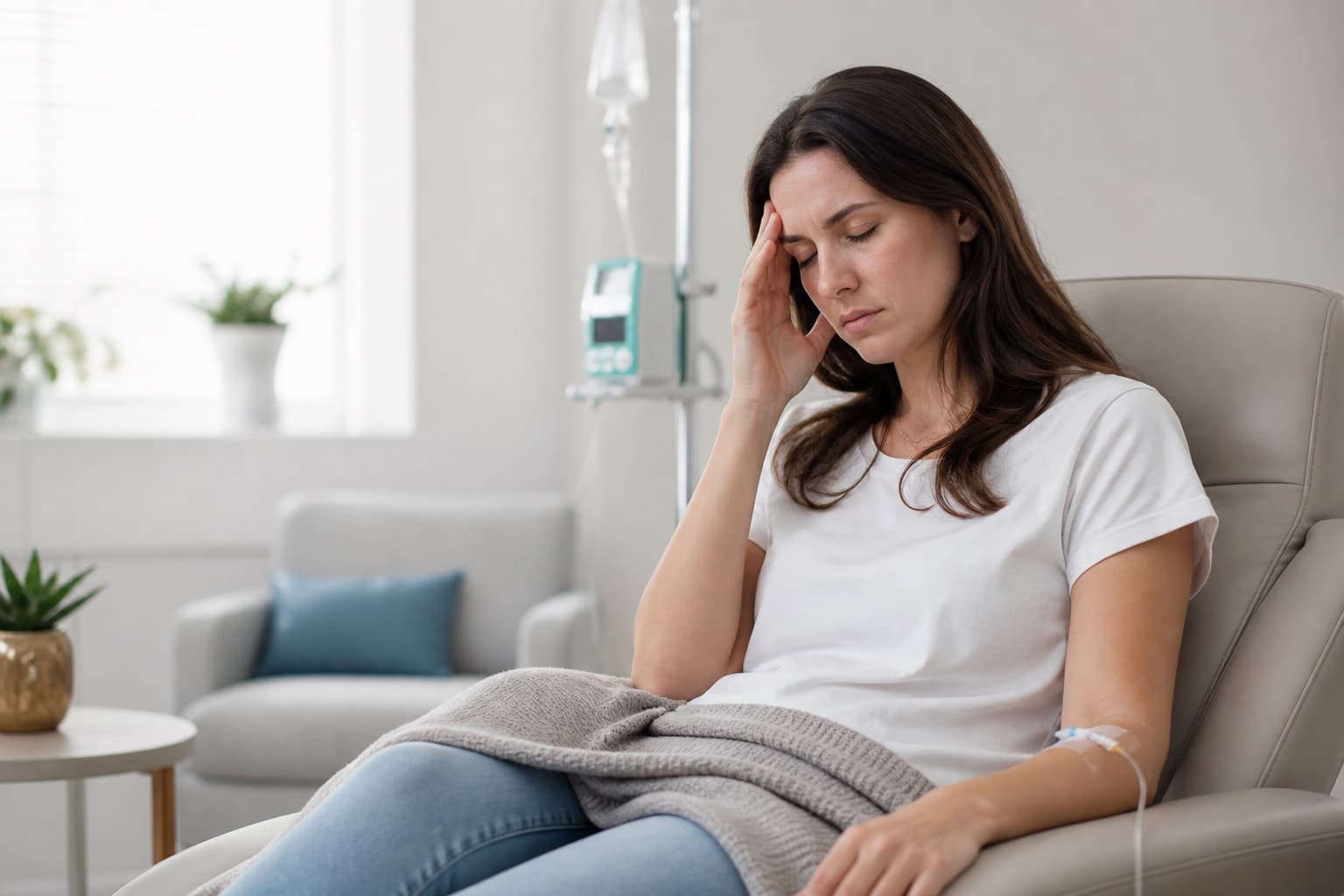 Adult patient resting in an infusion chair with migraine symptoms during IV treatment
