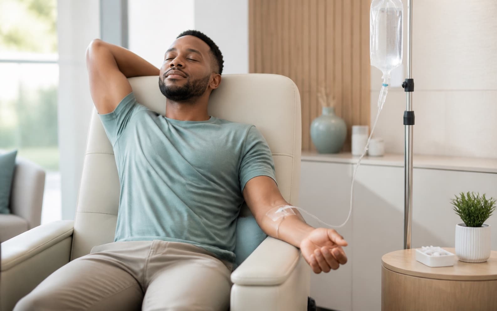 Adult patient resting in an infusion chair during a Myers Cocktail vitamin and mineral IV