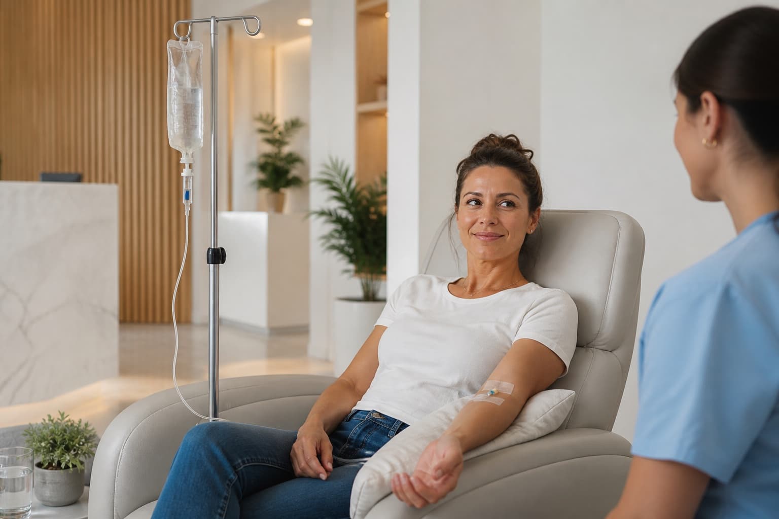 Adult patient receiving a Myers Cocktail IV while a nurse checks the infusion line