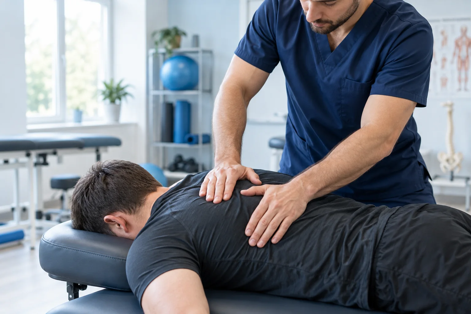 Therapist applies slow pressure to a clothed patient's upper back during myofascial release