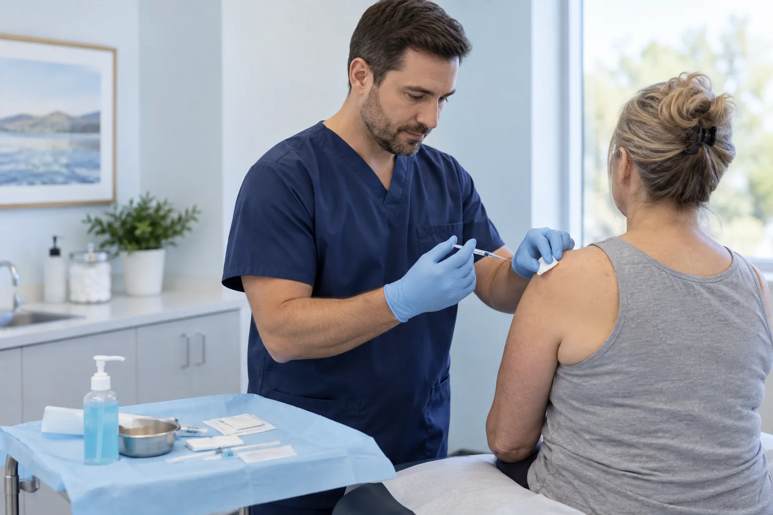 Physician prepares a nerve block injection near a patient's shoulder