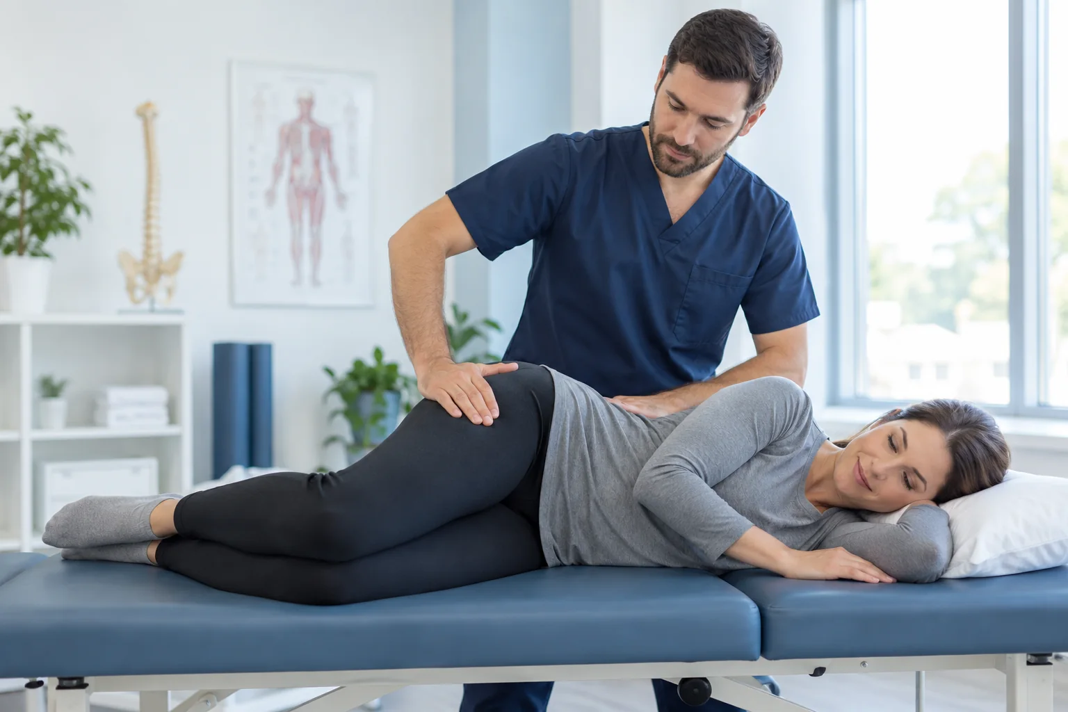 Manual therapist gently checks hip movement with a patient lying on their side