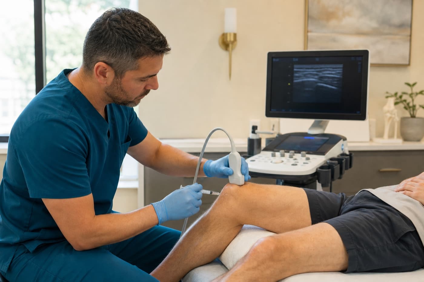 A physician using ultrasound to guide a prolotherapy injection near a patient's knee