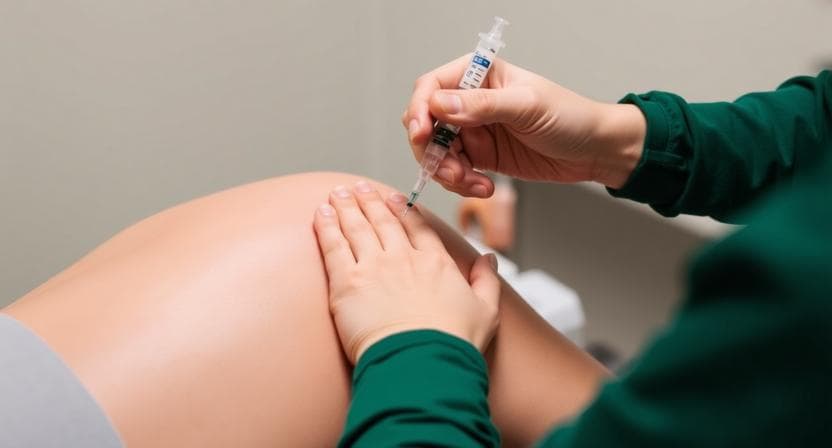 A clinician steadying a muscle between two fingers while giving a trigger point injection