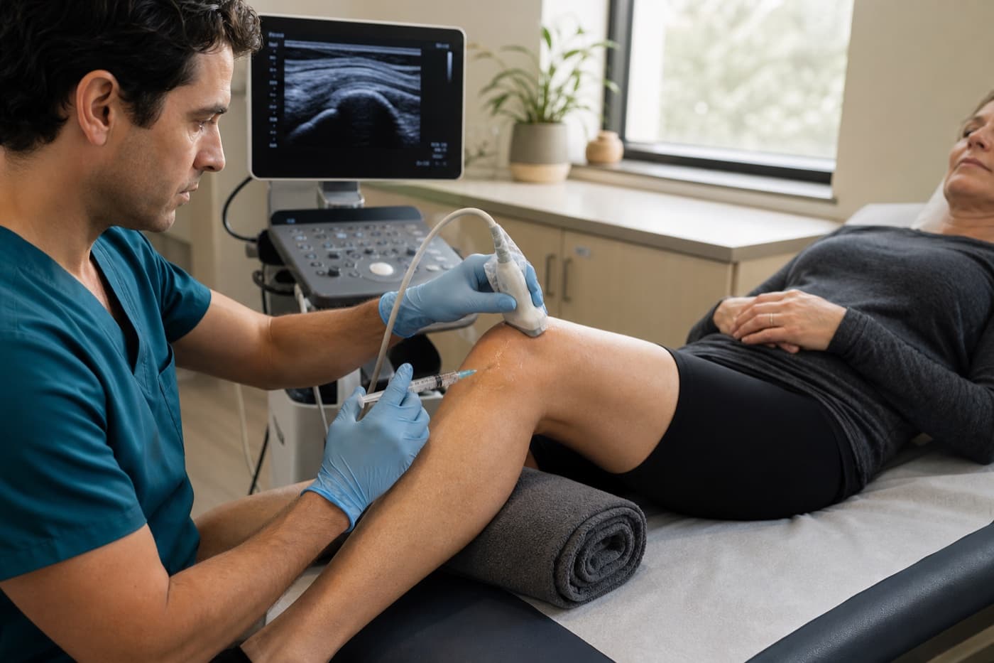 A physician using ultrasound to guide a viscosupplementation injection into a patient's knee