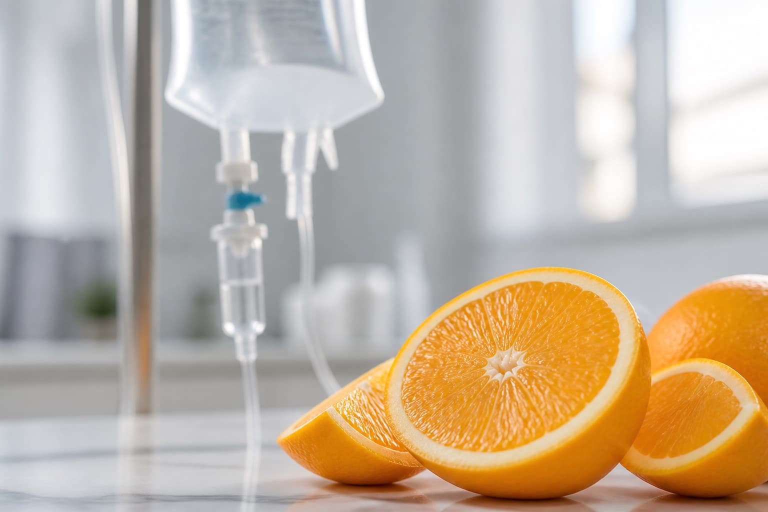 Sliced oranges beside a clear IV setup for Vitamin C IV treatment