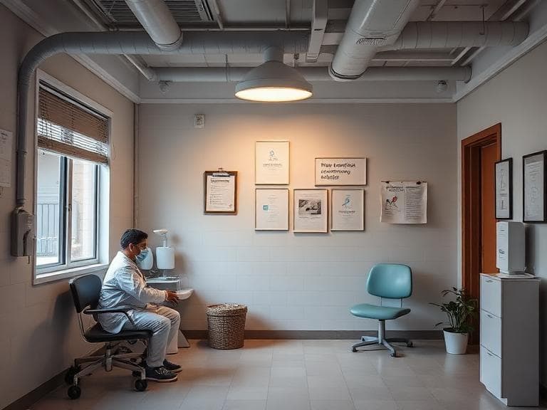 A treatment room at a medical clinic with a clinician seated beside the window